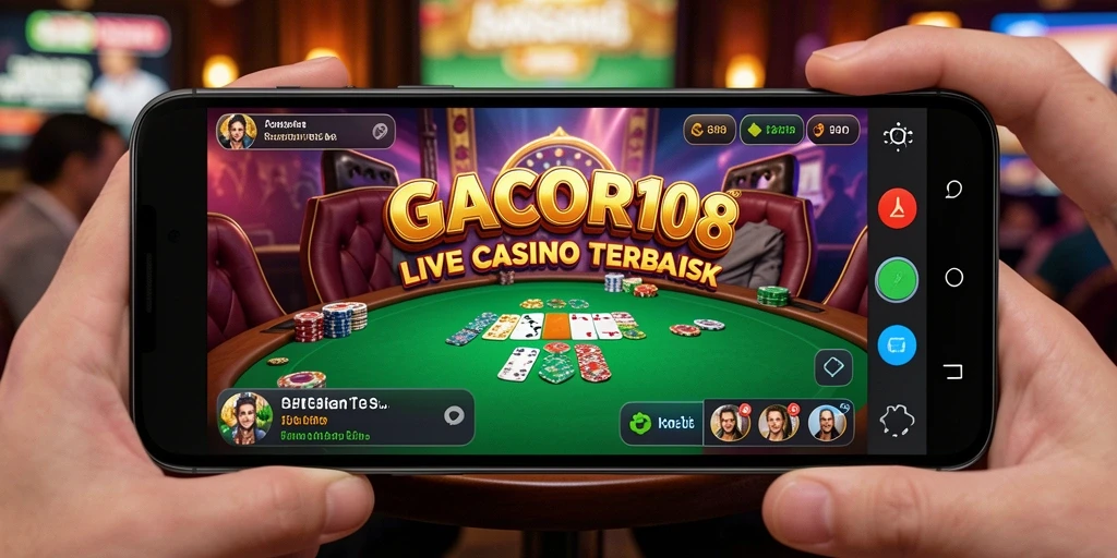 Screenshot permainan GACOR108 menunjukkan dealer live berinteraksi dengan pemain.