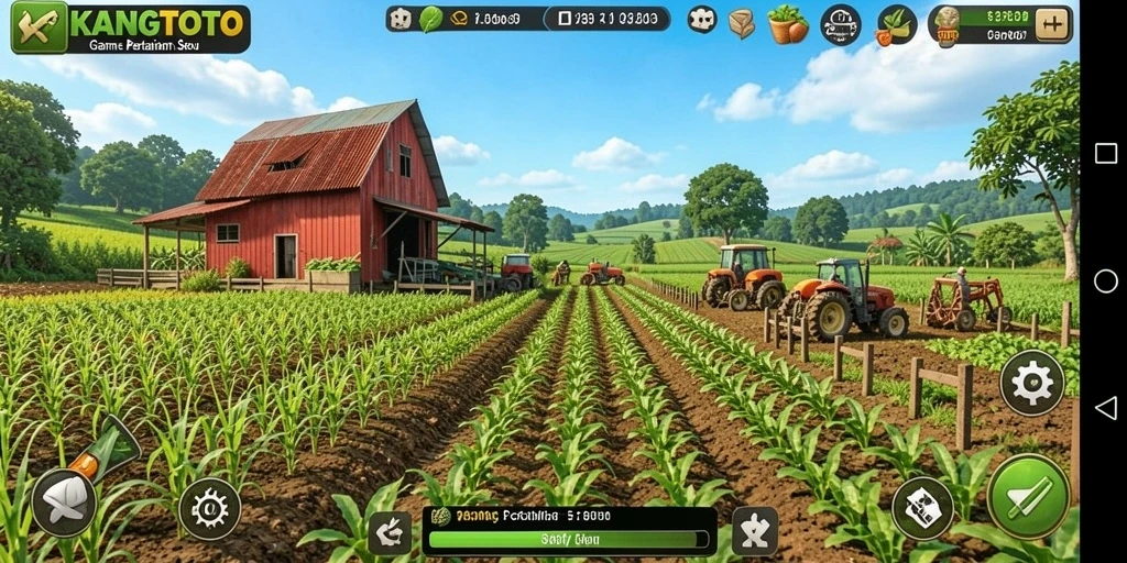 Tangkapan layar gameplay KANGTOTO menampilkan kebun yang rimbun dan hewan ternak.