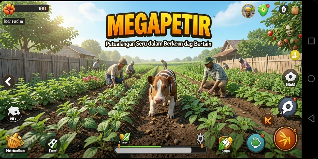 Screenshot gameplay MEGAPETIR dengan kebun yang subur dan hewan ternak.